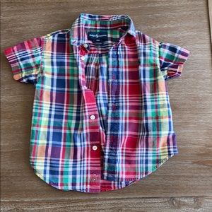 Madras short-sleeve button down collar shirt